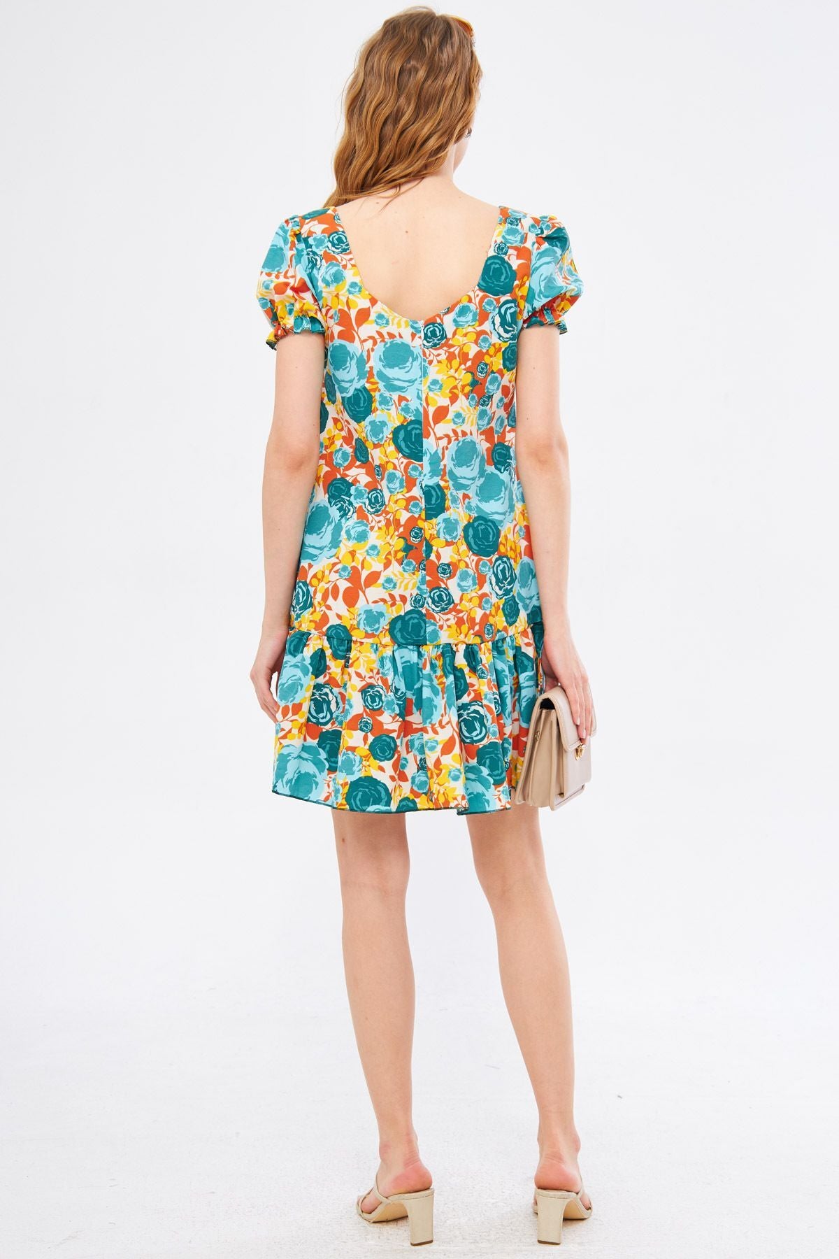 Women's Orange Dekaohto Dress with Elastic Sleeves, Frilly Back, Zippered Skirt, Mini Size ARM-24Y001041