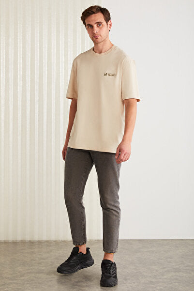 Zeus Men's Embroidery Detailed Regular Organic Cotton Knitted Crew Neck Beige T-shirt