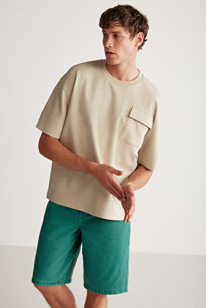 Artur Men's Thick Special Textured Fabric Beige T-shirt with Pockets