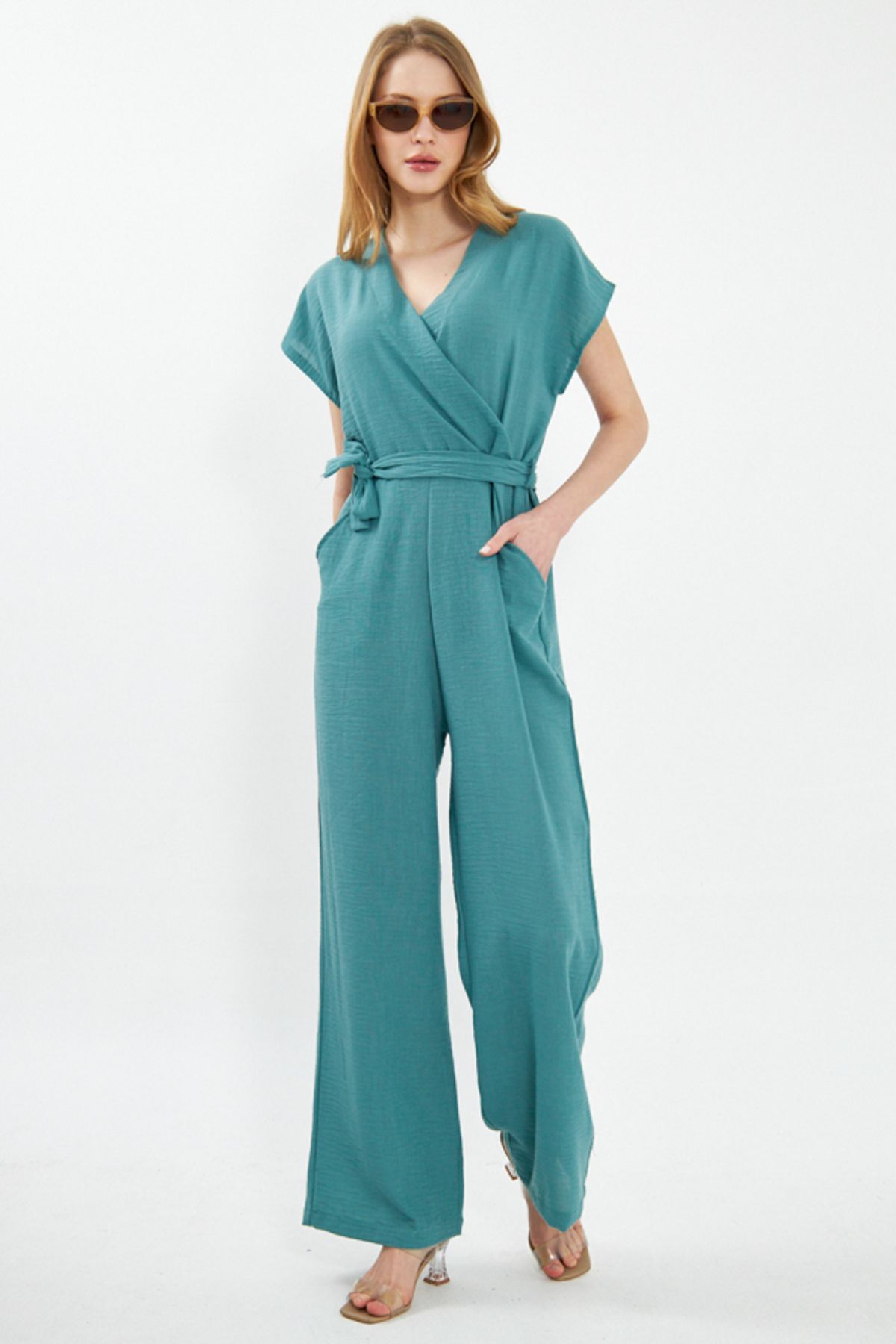 Women's Turquoise Deka Jumpsuit Double Breasted Collar Belted Pocket Sleeveless ARM-24Y001031