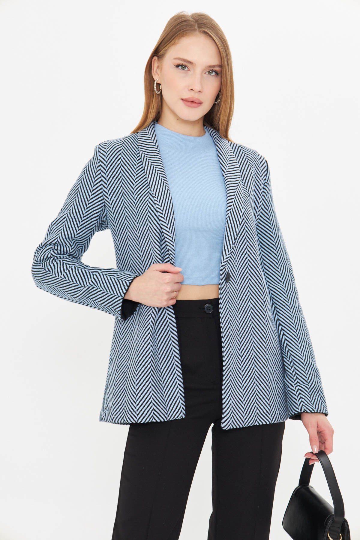 Women's Baby Blue Herringbone Pattern Sleeve Folded Single Button Stash Jacket ARM-24K001066
