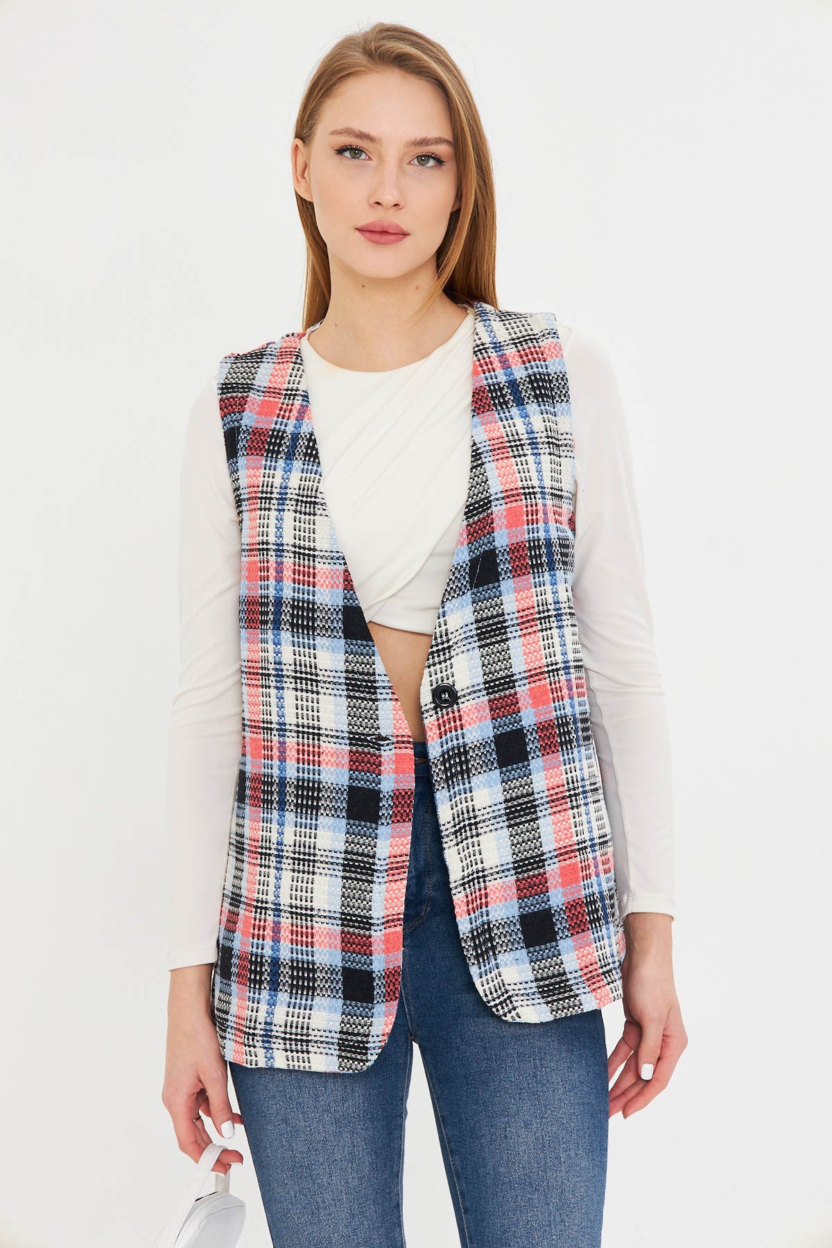 Women's Baby Blue V-Neck Single Button Oversize Plaid Vest ARM-25K001111