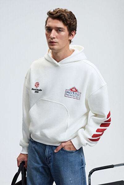 ABISMO Men's Hooded Kangaroo Pocket Sleeves and Back Printed Relaxed Fit White Sweatshirt