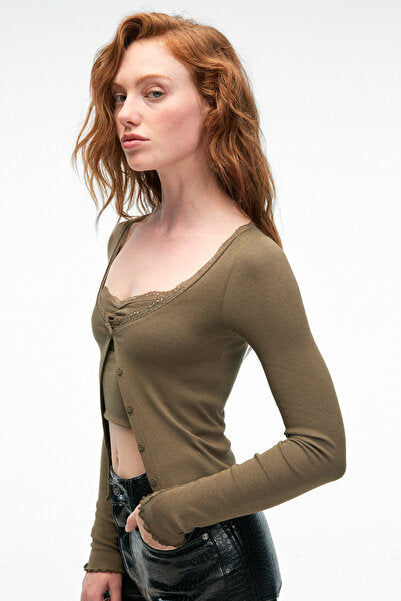 ELVURA Women's Stretchy Fabric Buttoned Blouse with Lace Detail on the Collar and Athlete Two-piece Khaki Blouse