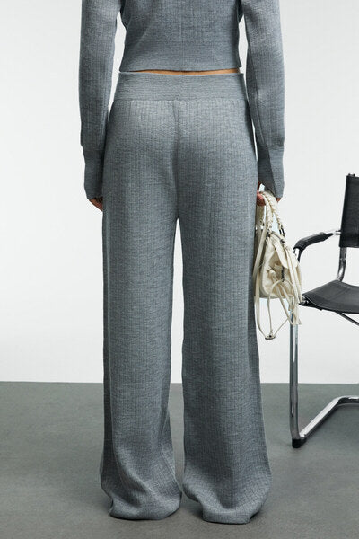 MARIPOSA Women's Round Neck Stripe Patterned Crop Wide Leg Knitwear Grimelange Bottom-Top Set