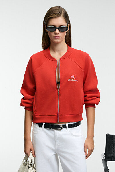 YASVELL Women's Metal Zipper Double Pocket Embroidery Detailed Balloon Sleeve Bomber Red Jacket