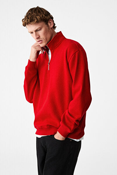 VELVETY Men's Cotton Fleece Inside Stand-up Collar Zippered Long Sleeve Regular Fit Red Sweatshirt