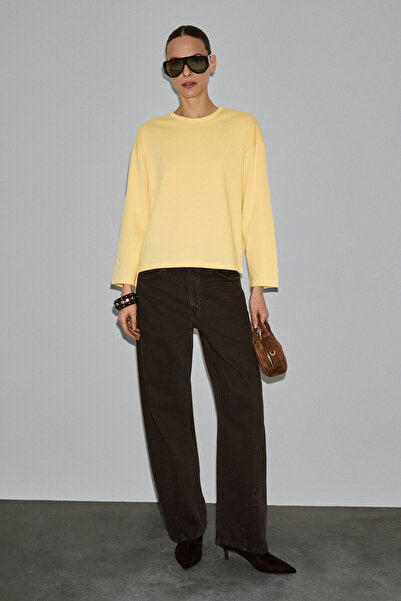 BASIL Women's Oversize 100% Organic Cotton Knitted Long Sleeve Yellow T-Shirt