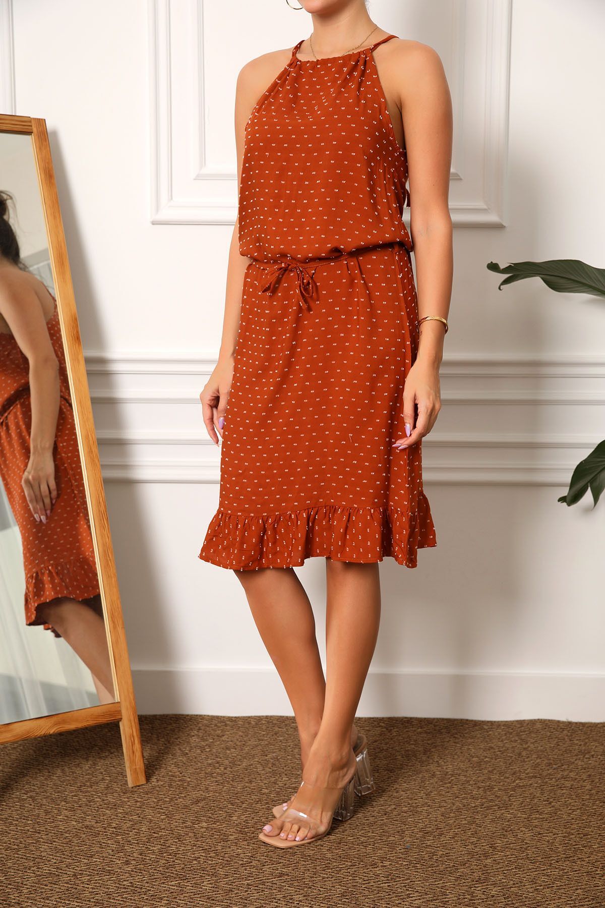 Women's Tile Tie Halter Dress with Belted Waist and Ruffle Skirt ARM-23Y001112