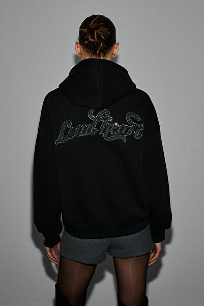 ASTERELLE Women's Cotton Fleece Inside Oversize Hooded Backpack Detailed Black Sweatshirt