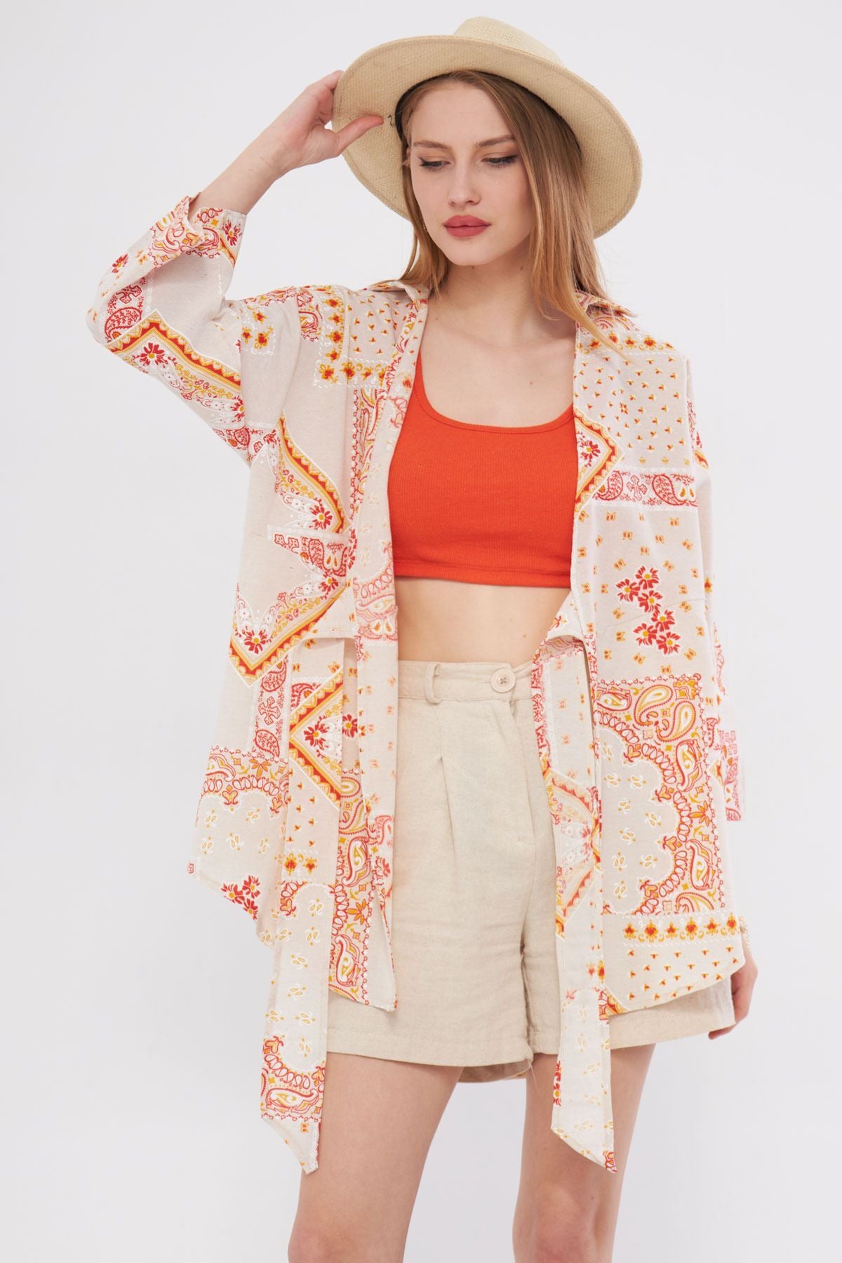 Women's Yellow Patterned Linen Look Front Tie Kimono Shirt ARM-24Y001079