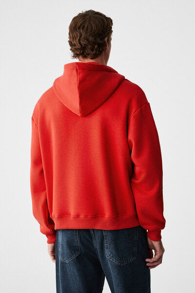ASHBY Men's Hooded Zipper Pocket Cord Boxy Fit Red Sweatshirt