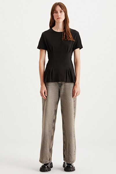 Jessıa Women's Crew Neck 100% Cotton Corset Detailed Short Sleeve Black T-shirt