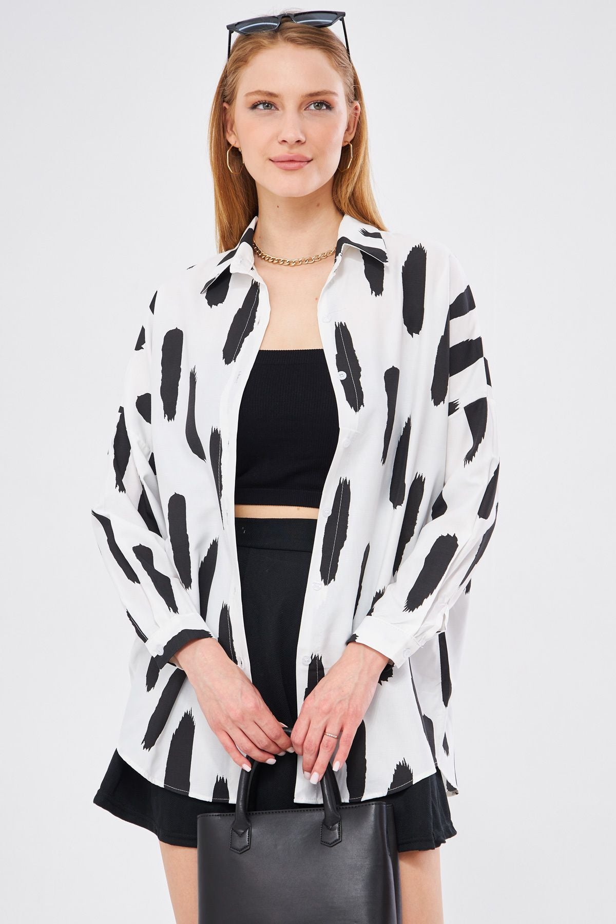 Women's Black Brush Pattern Oversize Long Basic Shirt ARM-22Y001141