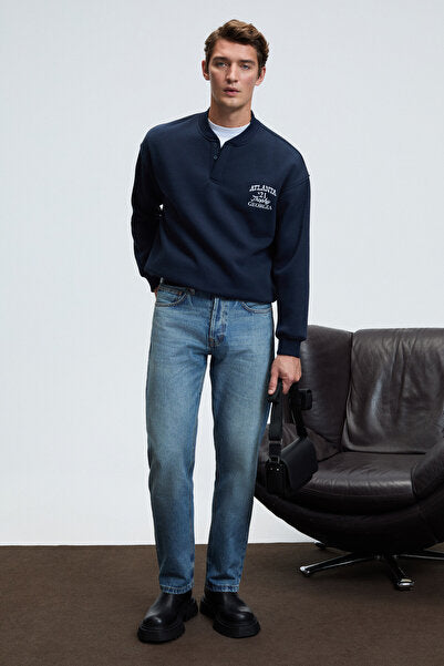 JETHRO Men's Bomber Collar Plaid Buttoned Chest Embroidered Relaxed Fit Navy Blue Sweatshirt