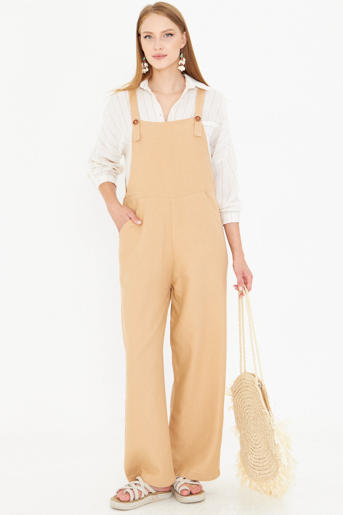 Women's Mink Pocketed Wide Leg Gardener Overalls ARM-25Y001043