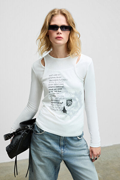 ZARABI Women's Soft Fabric Halter Collar Long Sleeve White T-Shirt