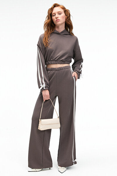 ROSELLE Women's Hooded Side Stripe Ribbon Detail Crop Anthracite Sweatshirt