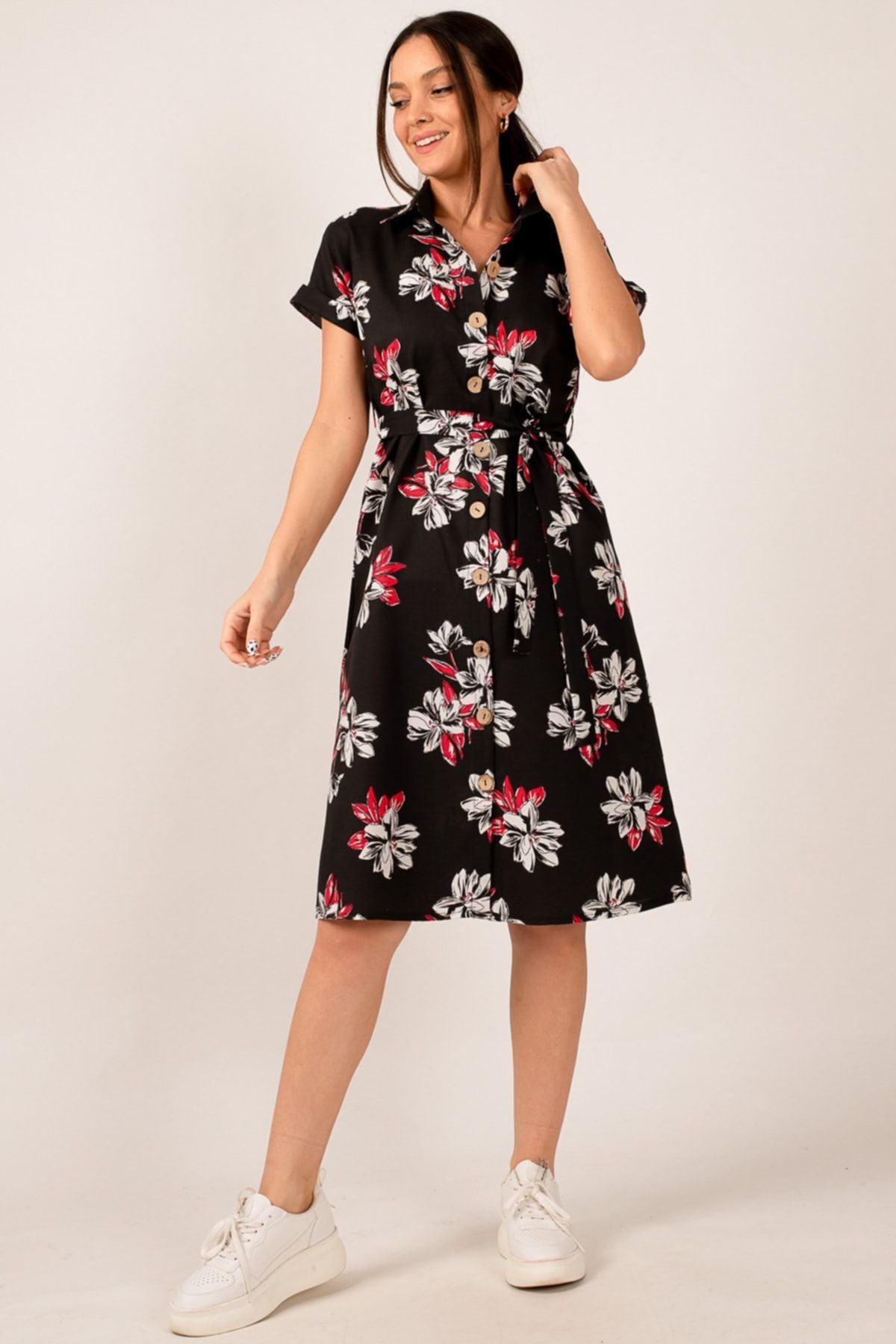 Women's Black Big Floral Belted Short Sleeve Shirt Dress ARM-22Y001007