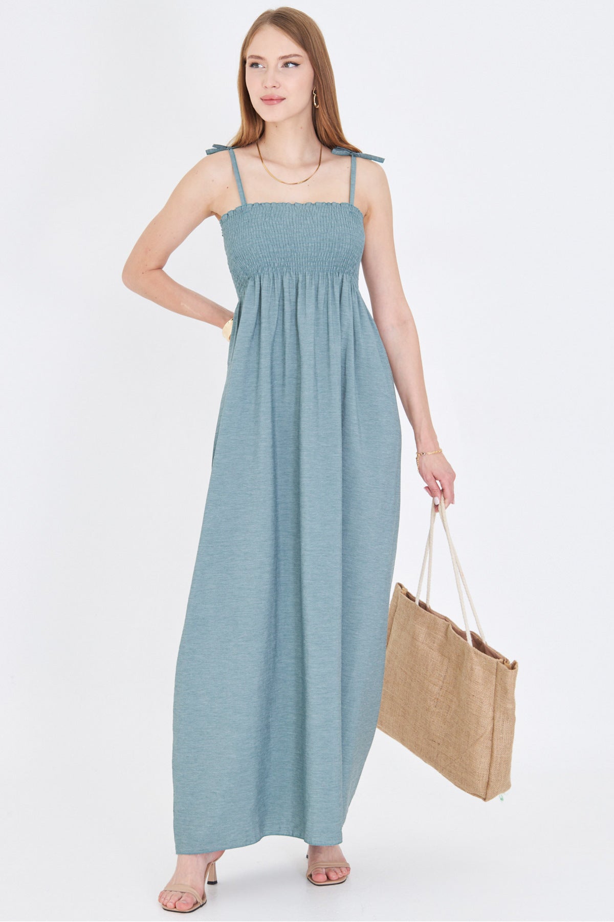 Women's Mint Straps Lace Up Chest Gimped Elastic Long Dress ARM-25Y001069