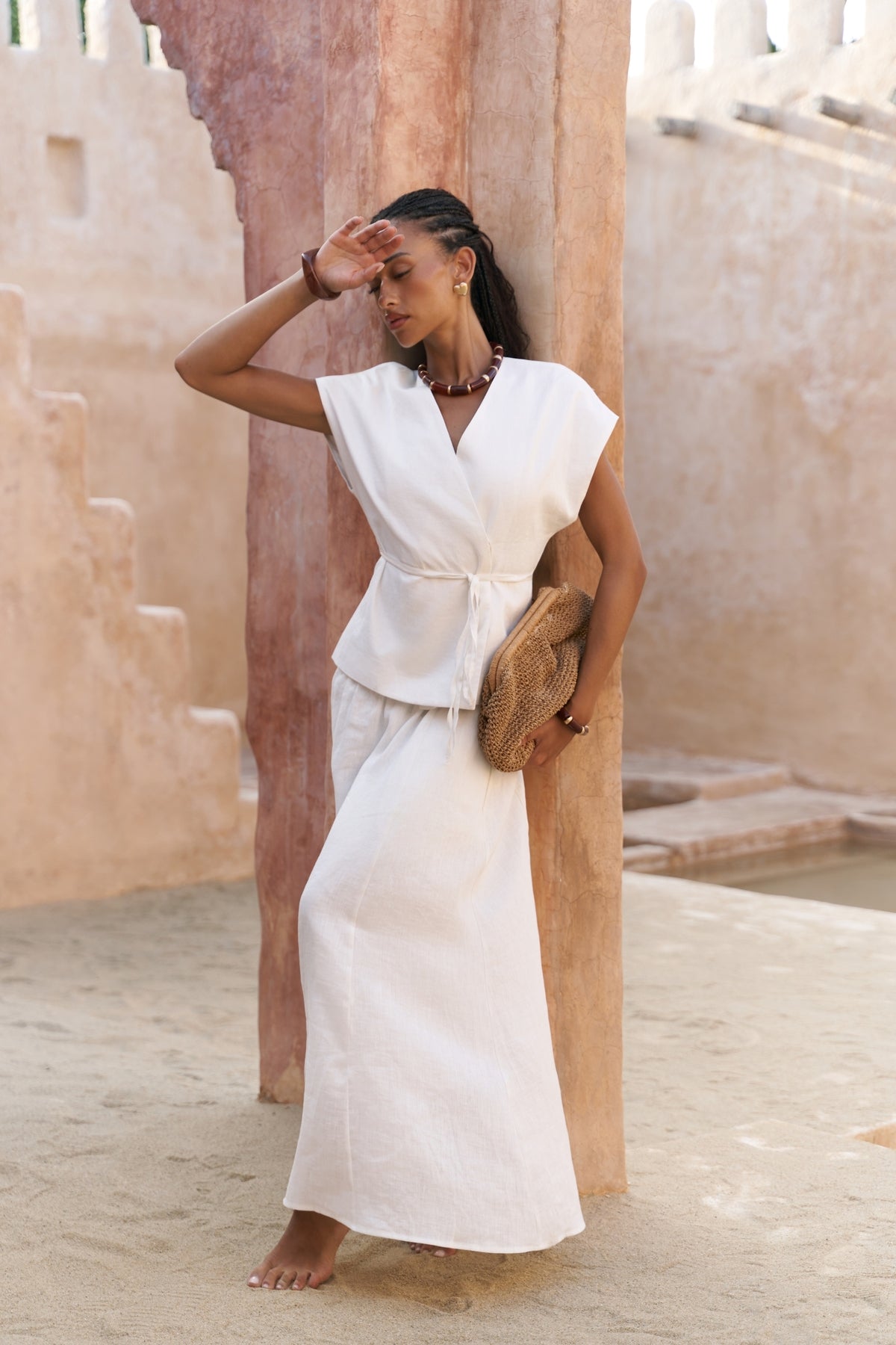 Fiametta Casual Ecru Linen Vest Skirt Set