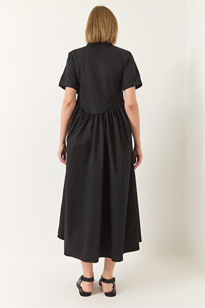 Women's Zipper Collar Pocket Detailed Short Sleeve Poplin Long Dress 60283189