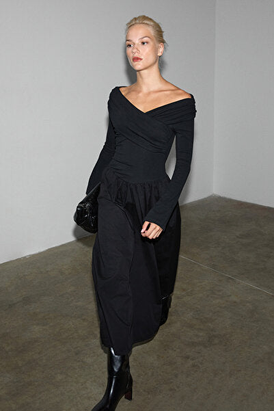 FRUENDO Women's Asymmetrical Collared Top with Stretchy Fabric Skirt Poplin Long Black Dress