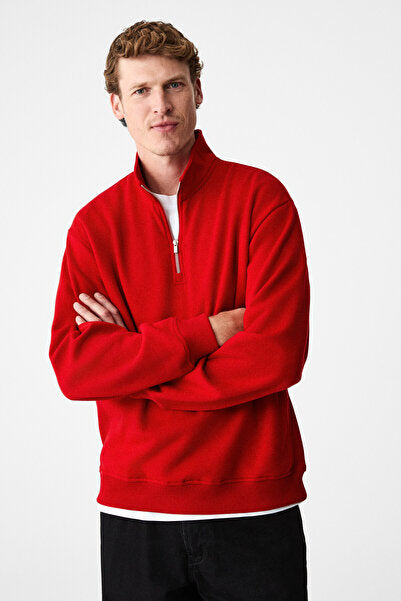 VELVETY Men's Cotton Fleece Inside Stand-up Collar Zippered Long Sleeve Regular Fit Red Sweatshirt