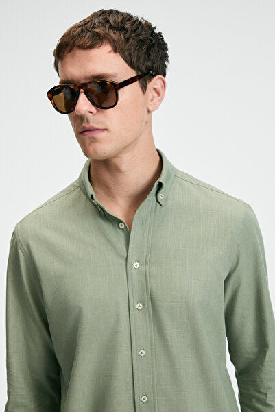 PERTTU Men's 100% Cotton Slim Fit Narrow Cut Button Collar Linen Look Flared Khaki Shirt