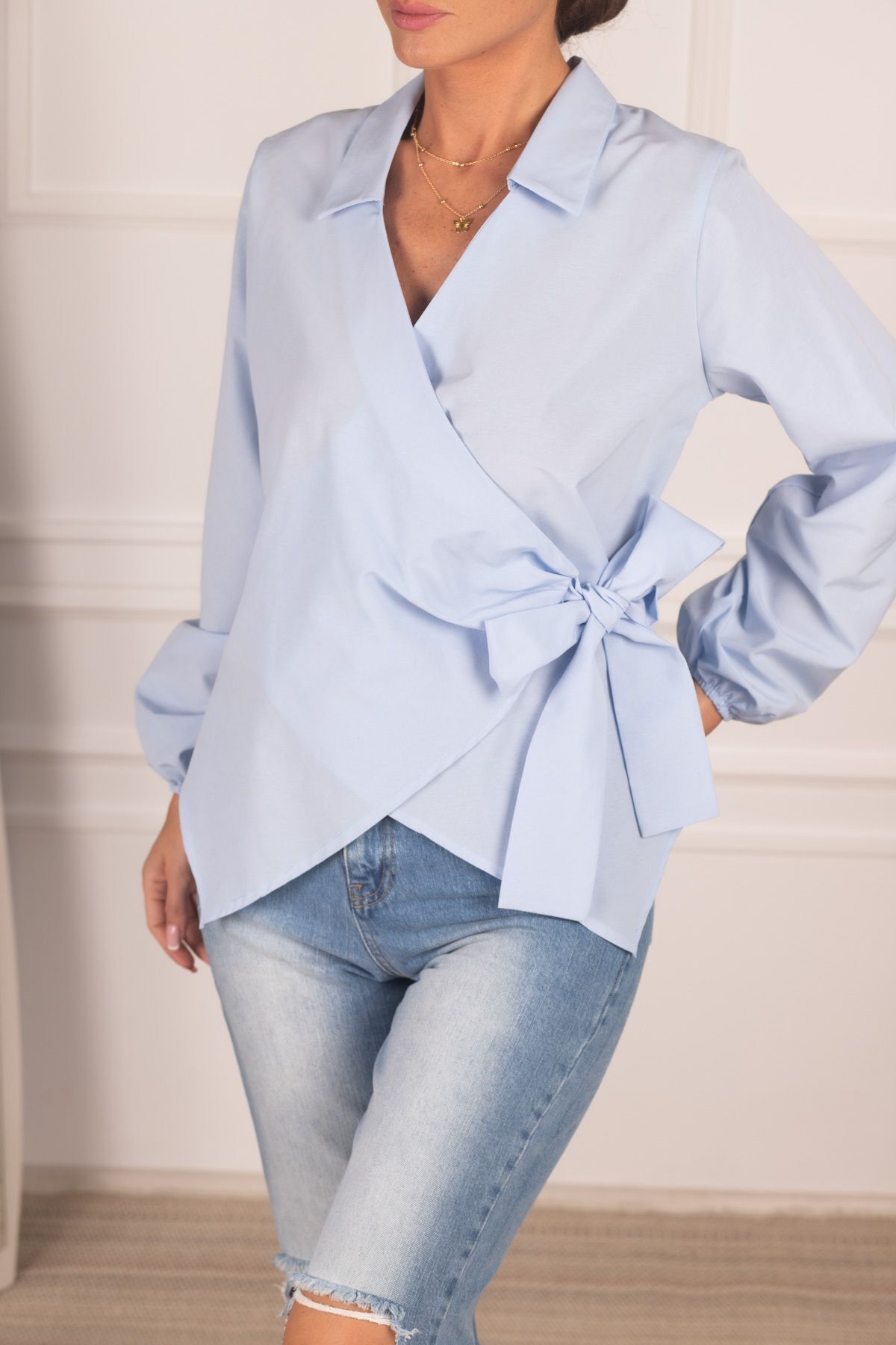 Women's Baby Blue Collar Double Breasted Blouse ARM-22Y024025