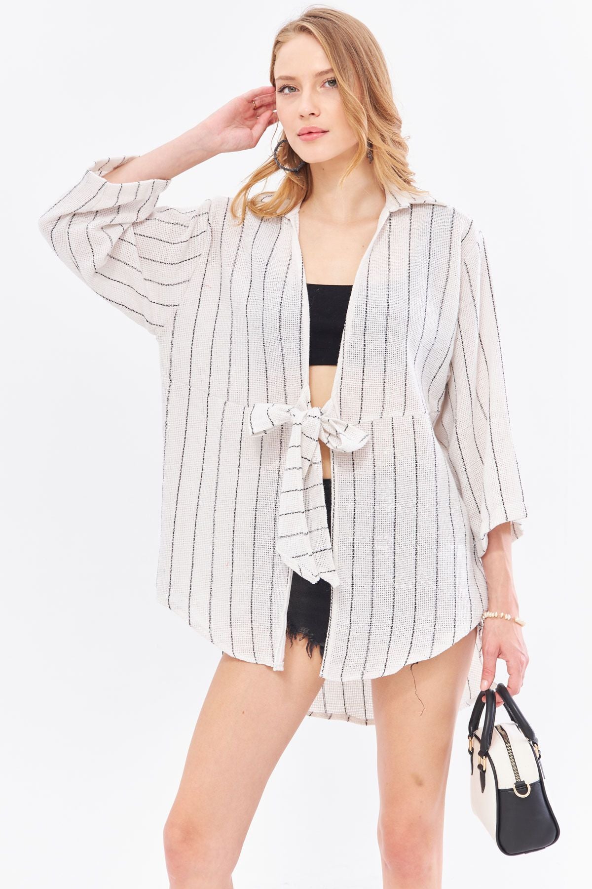 Women's White Striped Front Tie Kimono Shirt ARM-24Y001091