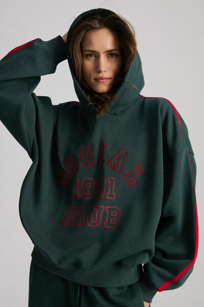 Possıbılity Women's Embroidered Printed Hooded Green Sweatshirt