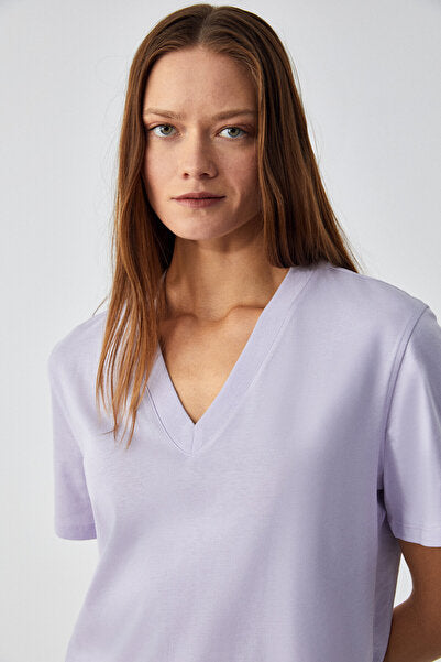 ALINE Women's 100% Organic Cotton Deep V-Neck Comfort Fit Lilac T-Shirt