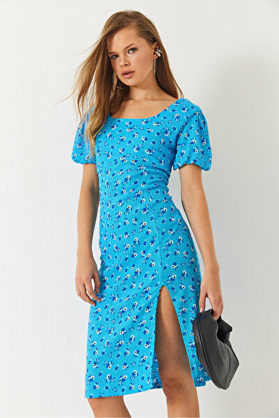 Women's Back Detailed Slit Square Neck Short Sleeve Floral Pattern Dress 60261462