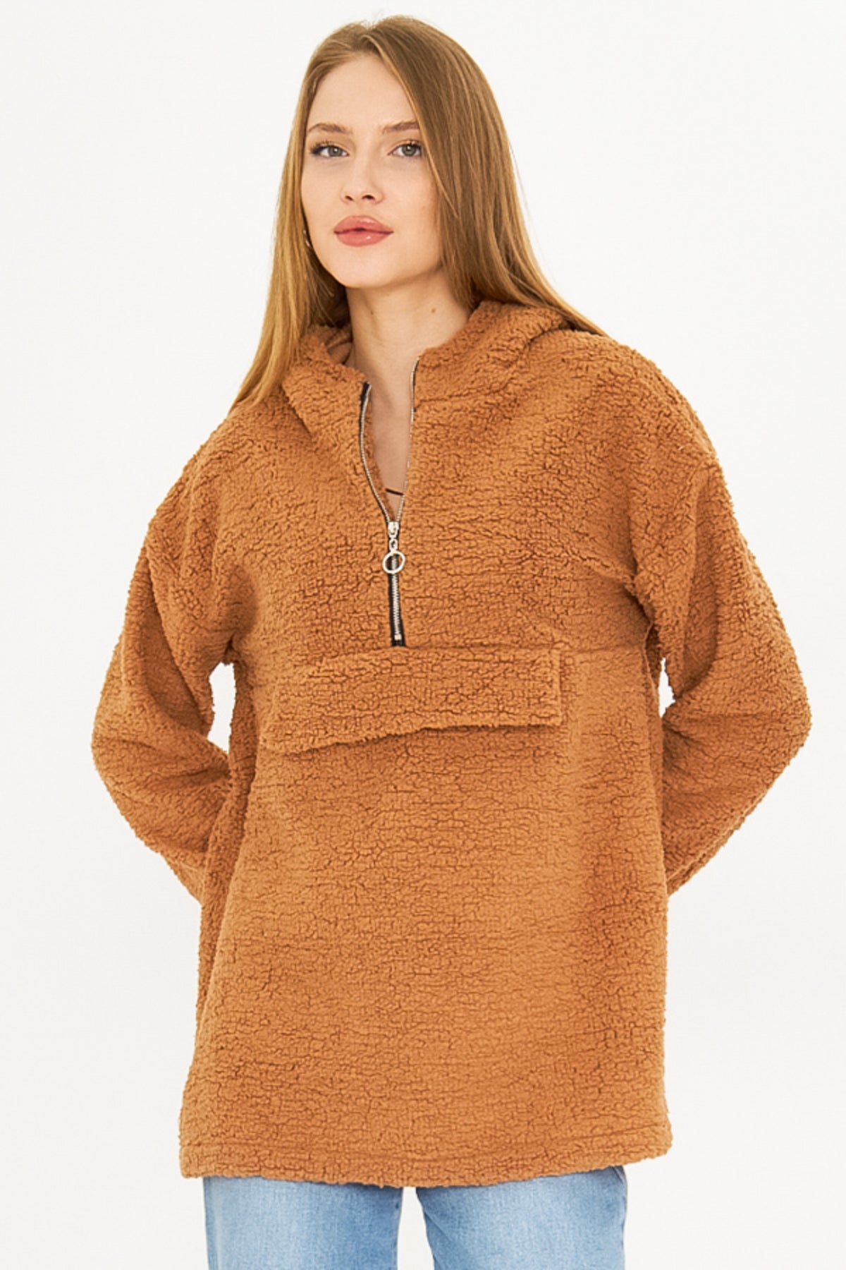 Women's Milk Coffee Hooded Plush Sweatshirt with Pocket Cover ARM-25K001090