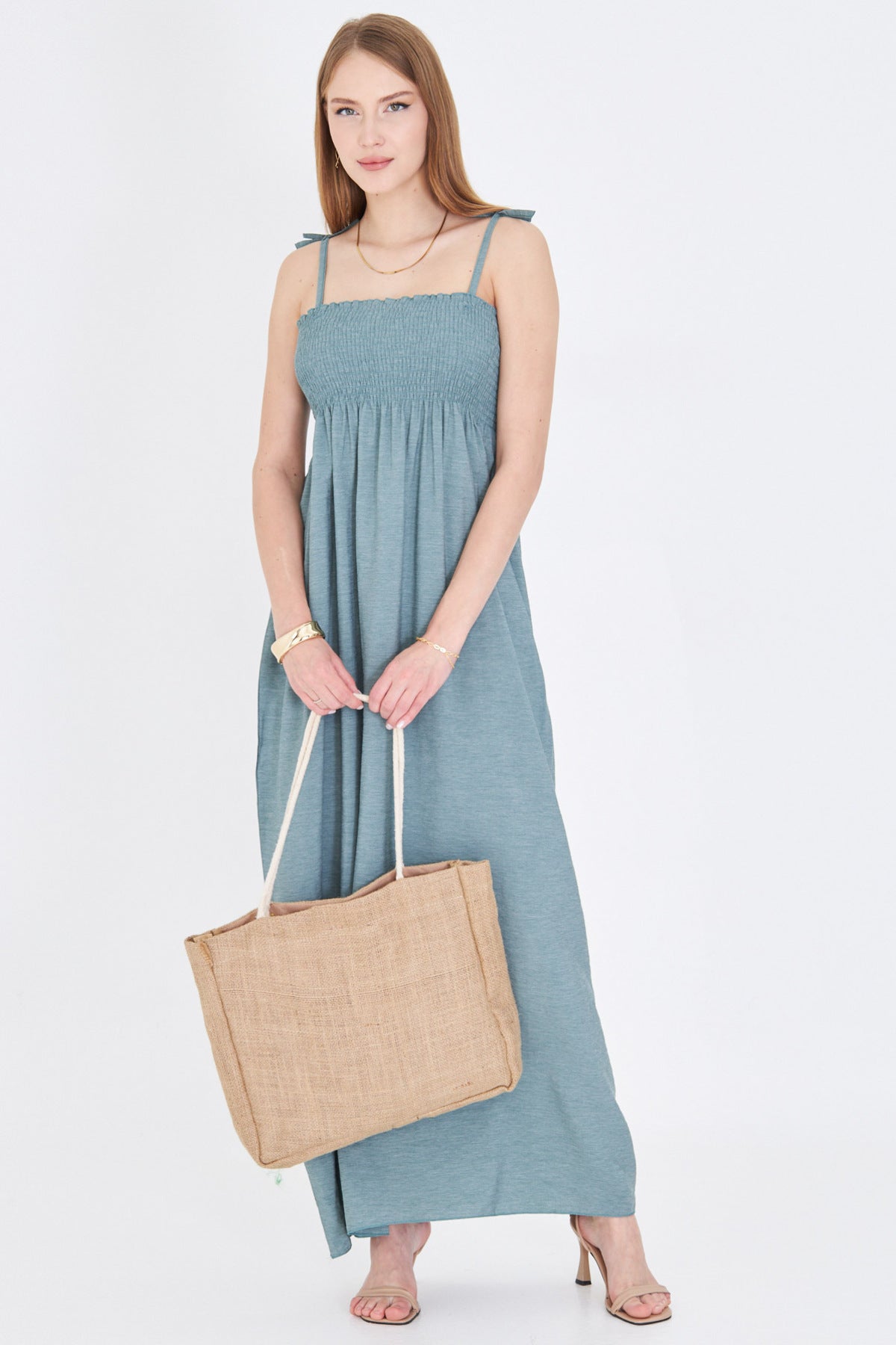 Women's Mint Straps Lace Up Chest Gimped Elastic Long Dress ARM-25Y001069