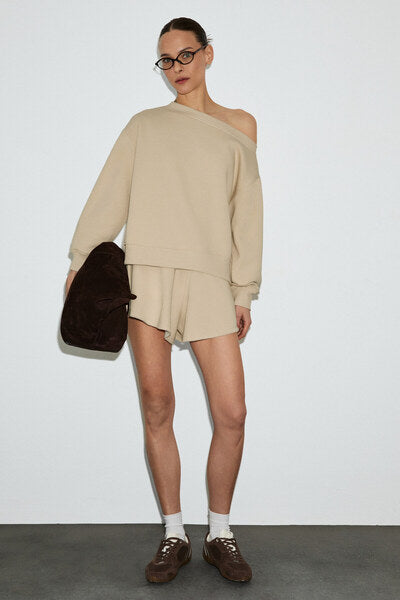 PUNNUET Women's Organic Cotton Boat Neck Elastic Waist Double Pocket Relaxed Beige Bottom-Top Set