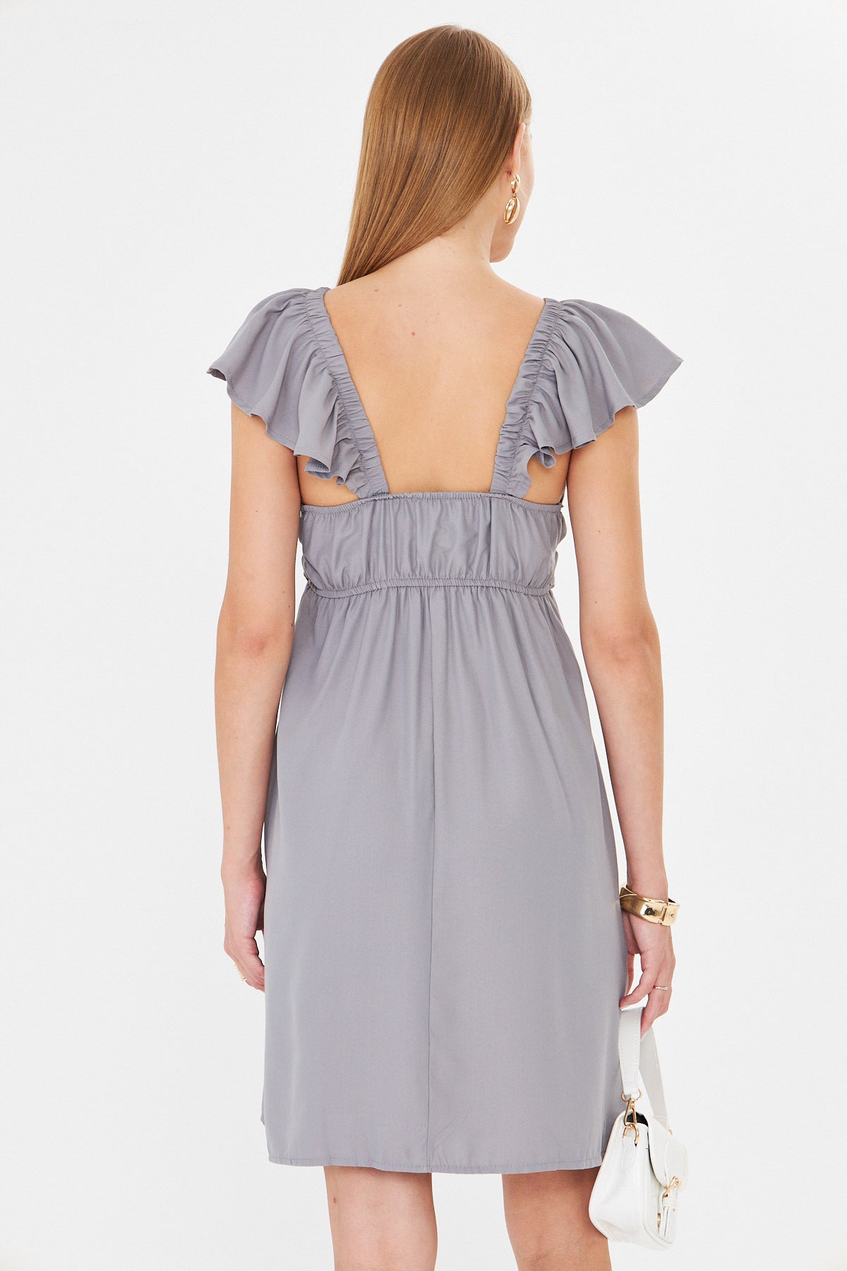 Women's Gray V-Neck Sleeves and Skirt Frilly Tie-Breath Dress ARM-25Y001083