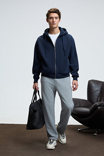 ASHBY Men's Hooded, Zippered Pocket, Drawstring Regular Fit Navy Blue Sweatshirt