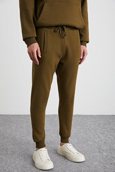 Hakone Men's Organic Cotton Fleece Inside Ribbed Pocket Jogger Khaki Sweatpants