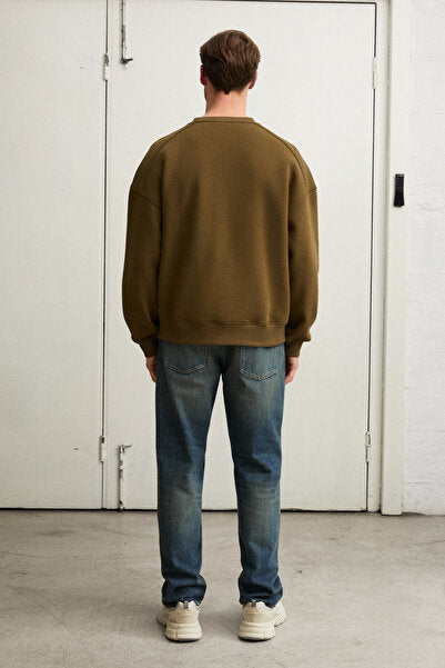 COYOTES Men's Crew Neck Kangaroo Pocket Organic Cotton Regular Fit Dark Khaki Sweatshirt