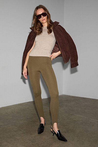 RYSANNE Women's Stretchy Fabric Slim Fit Khaki Trousers with Elastic Detail on the Leg