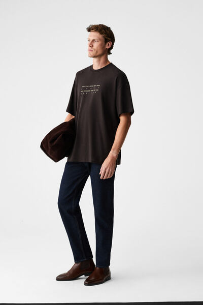 ANGLES Men's 100% Organic Cotton Printed Crew Neck Oversize Bitter Brown T-Shirt