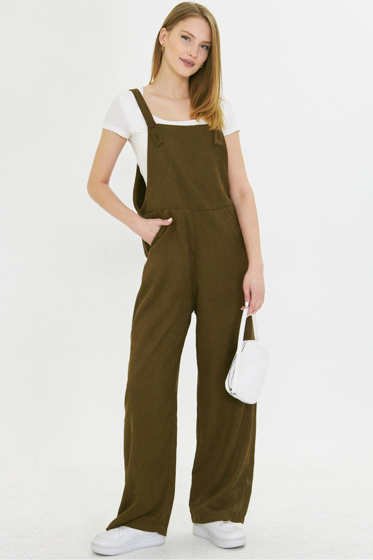Women's Dark Khaki Velvet Pocketed Wide Leg Slim Ribbed Gardener Overalls ARM-25K001036