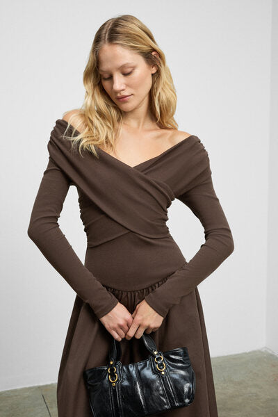 FRUENDO Women's Asymmetrical Collared Top with Stretchy Fabric Skirt Poplin Long Brown Dress