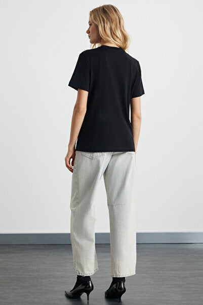 Aline Women's 100% Organic Cotton Deep V-Neck Comfort Fit Black T-shirt