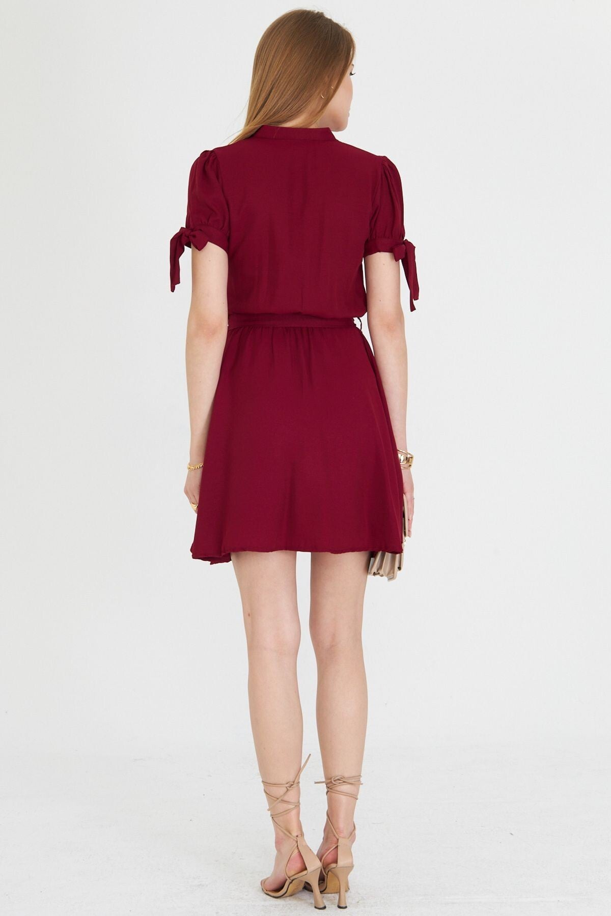 Women's Burgundy Collar Sleeve Tied Waist Elastic Belted Short Dress ARM-23Y001088