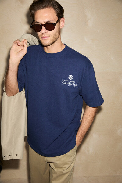 AMANCIO Men's Organic Cotton Print and Embroidery Detailed Crew Neck Oversized Navy Blue T-Shirt