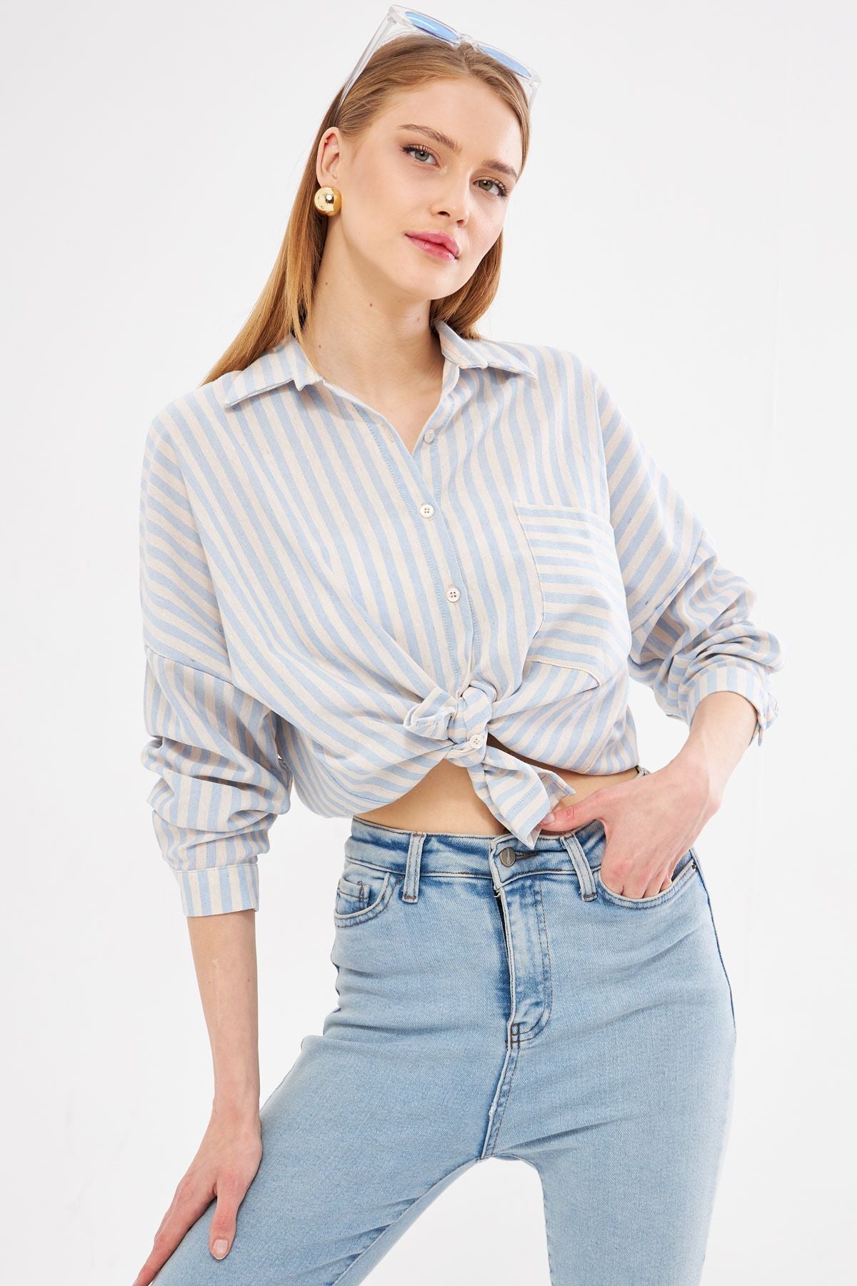Women's Baby Blue Striped Long Sleeve Pocket Detailed Pleated Oversize Shirt ARM-24Y001057