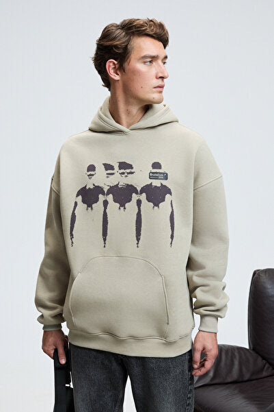 ARMAND Men's Hooded Kangaroo Pocket Front Printed Oversize Stone Color Sweatshirt